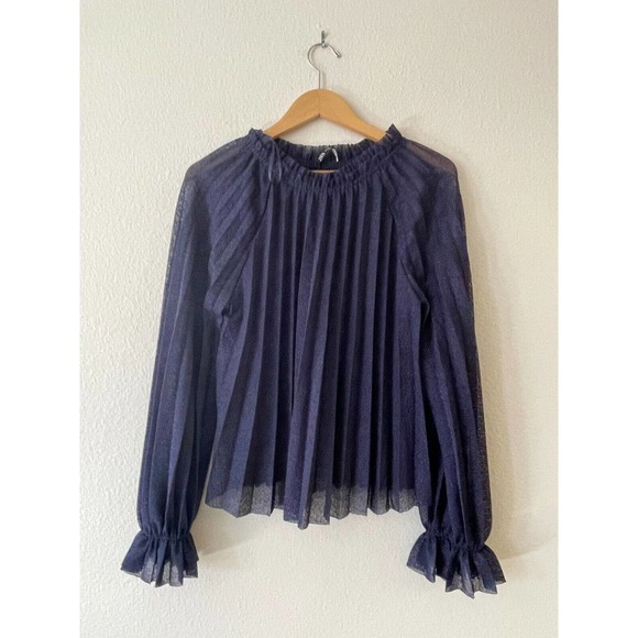 Zara Size M Accordion Pleated Bell Sleeve Blouse Ruffle High Neck Sheer Blue - Picture 2 of 8